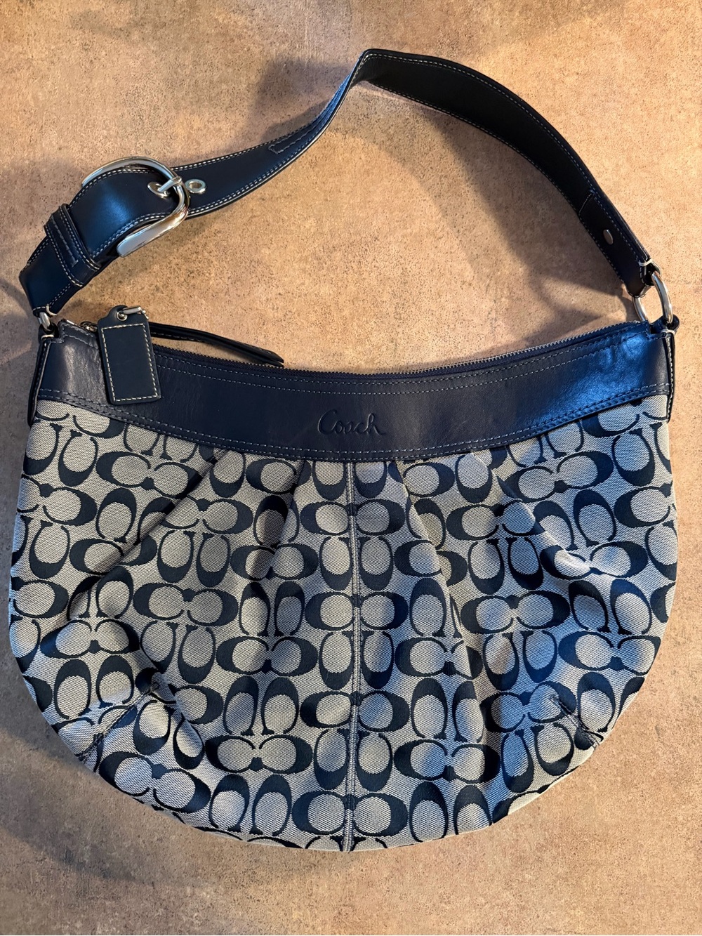 Coach Signature Woven Jacquard Fabric Shoulder Bag in Navy and Gray